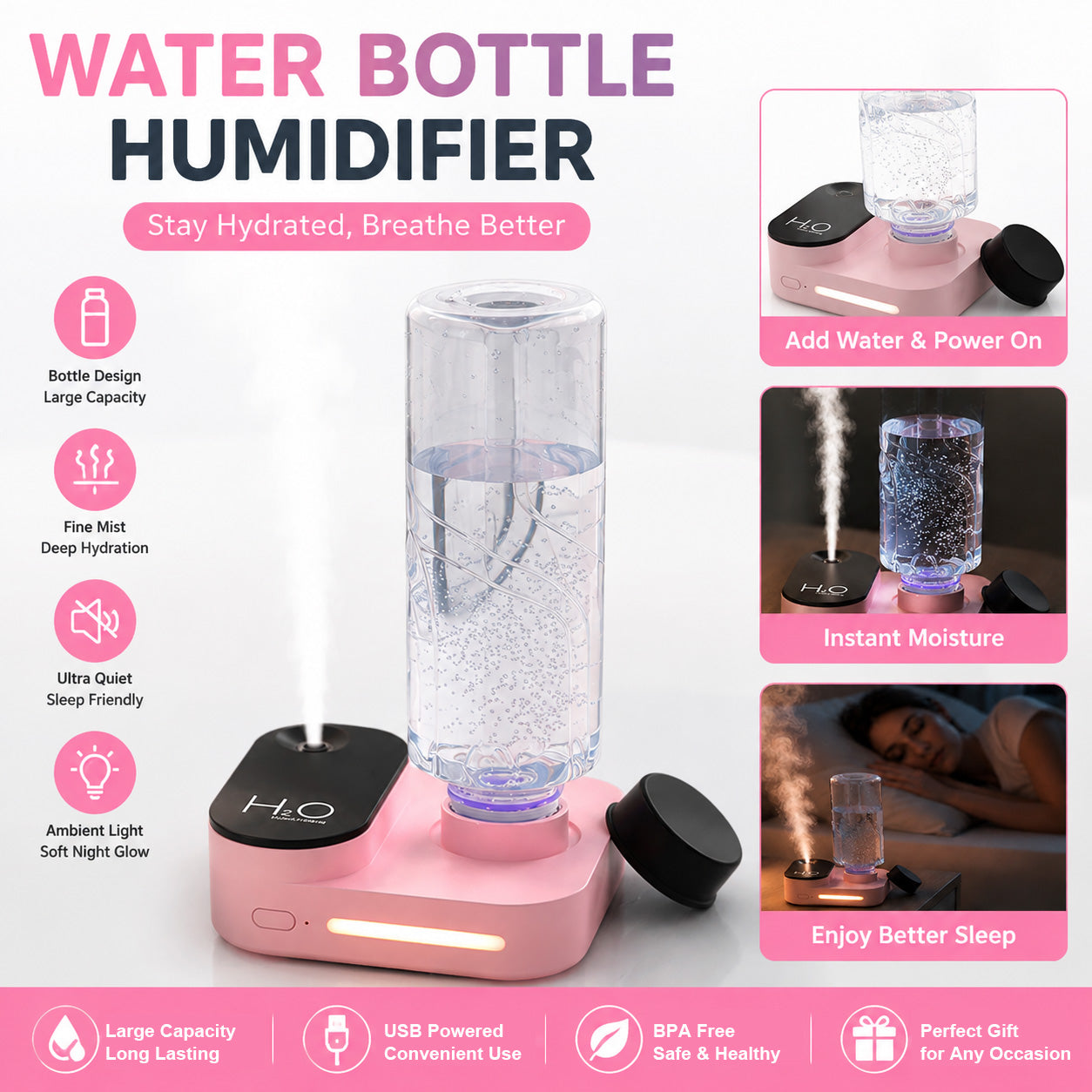 Portable Water Bottle Humidifier, Cute Style